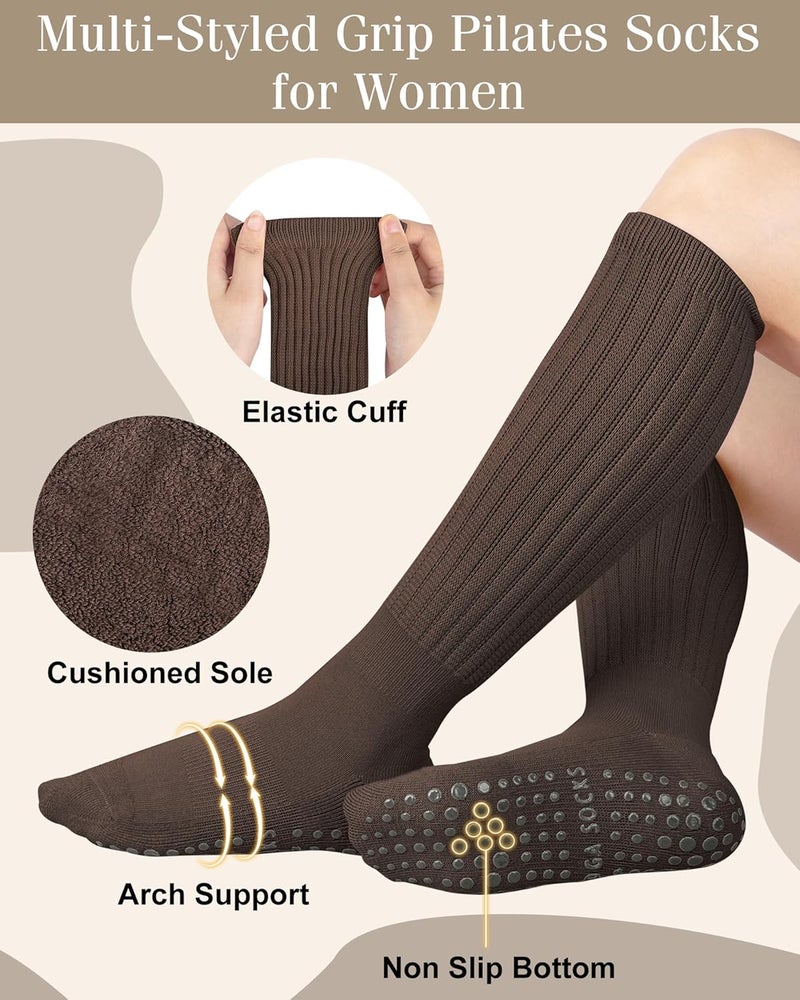 YSense 4 Pairs Pilates Socks with Grips for Women Non Slip Long Slouch Socks Yoga Grippy Sock Slouchy Barre Hospital Slipper - Image 3